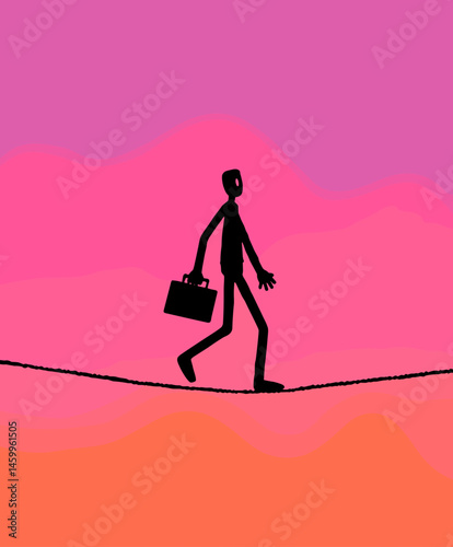 Balance on the Horizon: A silhouette of an individual traverses a tightrope against a vibrant gradient sky, clutching a briefcase, symbolizing risk-taking and determination.