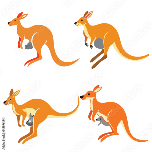 Jumping Kangaroo with Baby in Pouch Vector Bundle Set