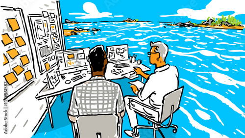Oceanside Brainstorm: Two colleagues collaborate on a project, their desk seemingly perched at the edge of a tranquil ocean, symbolizing innovative thinking and a refreshing work environment.