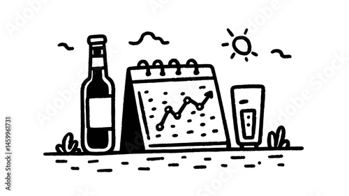 Beverage Business Planning: A stylized illustration featuring a beer bottle, calendar, and glass,  depicting business planning and projections.