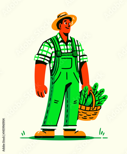 The farmer and harvest: A farmer stands proudly with a basket of fresh produce, the embodiment of the natural farmer, healthy living, and the bounty of the land. 