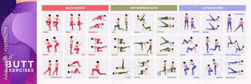 Advanced Level - Glute Exercises Set. Buttocks workout vector Set. Women doing fitness exercises.