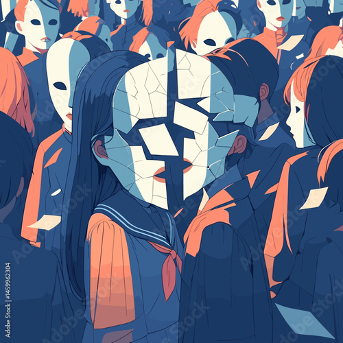 Identity in Pieces: A thought-provoking depiction of a crowd of figures, each concealed behind masks that reflect fragmented and fractured identities.