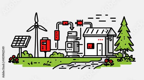 Eco-Friendly Energy Solutions: A meticulously crafted illustration showcases a modern ecosystem harnessing solar and wind energy to power a building, emphasizing the importance of sustainability.