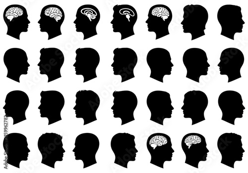 Human head silhouette vector set, profile face with brain illustration, medical and anatomy concept design
