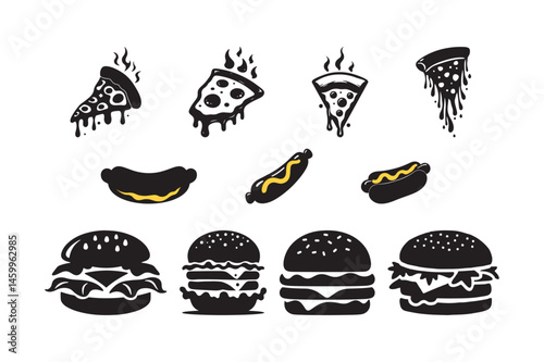 Fast Food Icons Set Pizza, Hot Dog, and Burger Vector Art