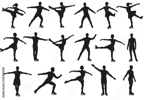 Silhouette figure skating poses vector illustration ice skaters performing various skating moves and positions
