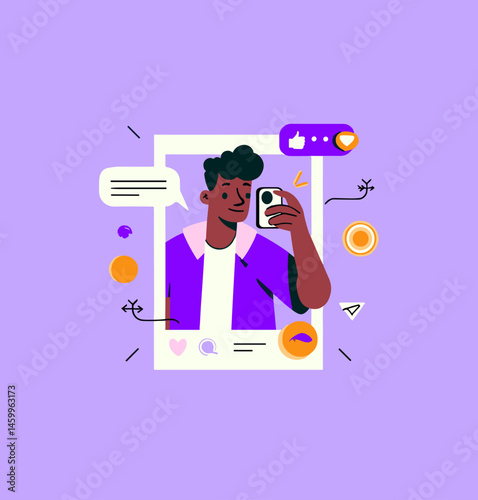 Social Media Self-Expression: A digital illustration showcasing a person capturing a self-portrait, encapsulated within a frame.