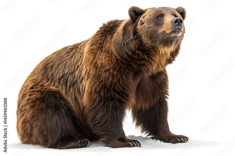 Fototapeta premium Hyper-Realistic Brown Bear Sitting on White Background – Detailed Wildlife Portrait