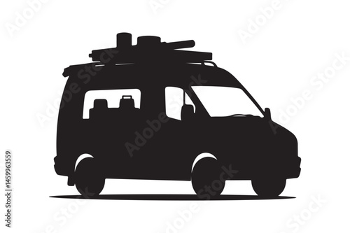 Camper Van with Roof Luggage and Gear Isolated on White Background