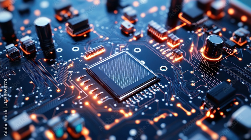 Circuit board processor closeup of electronic components and microchip Circuit board processor closeup of electronic components and microchip
