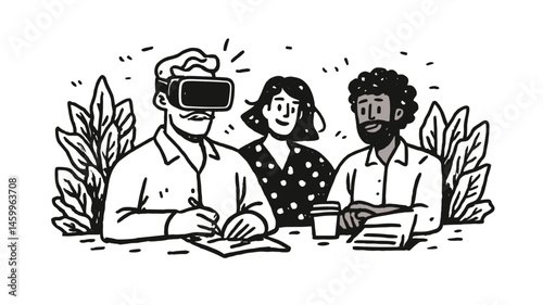 Innovation Unveiled: A trio of individuals collaborate, one immersed in virtual reality, symbolizing the future of teamwork, ideation, and the fusion of technology with human interaction.