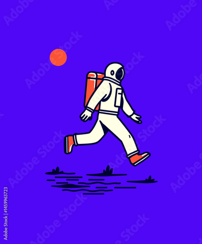Cosmic Explorer: An astronaut strides confidently across a vibrant celestial landscape, the orange sun casts a warm glow in a whimsical illustration of space exploration and adventure.