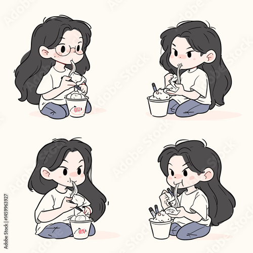 Girl Eating Noodles Illustration: A playful and heartwarming illustration features a cute girl with long black hair and glasses happily devouring a bowl of noodles.