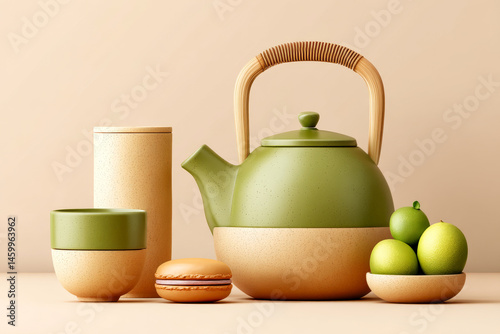 Green teapot and modern ceramic tea set
