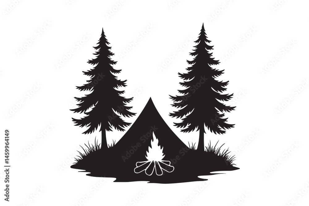 Fototapeta premium Camping Tent Silhouette with Pine Trees and Campfire Outdoor Adventure Vector Art