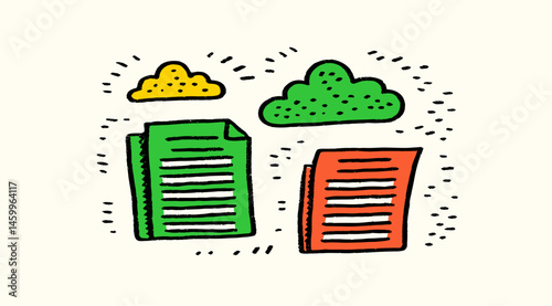 Document and Cloud: Vibrant, cartoon-style illustration depicting digital cloud services and data transfer. The image symbolizes collaboration and cloud-based computing. 