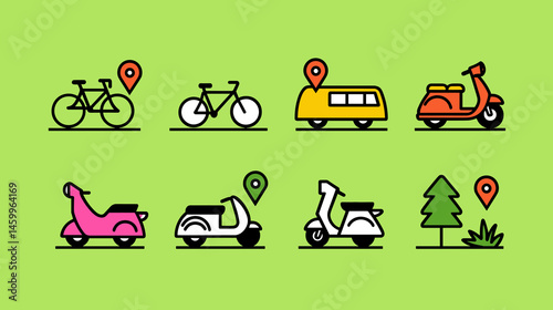 Icons of Transportation: A set of vibrant, minimalist icons depicts various modes of transport, each accented with a location pin, against a clean and inviting backdrop.