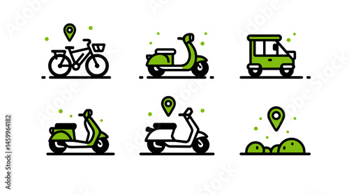 Green Transportation Icons Set: A set of six stylish and colorful green line icons depicting various modes of transportation including a bike, scooter, and van, perfect for use in app design.