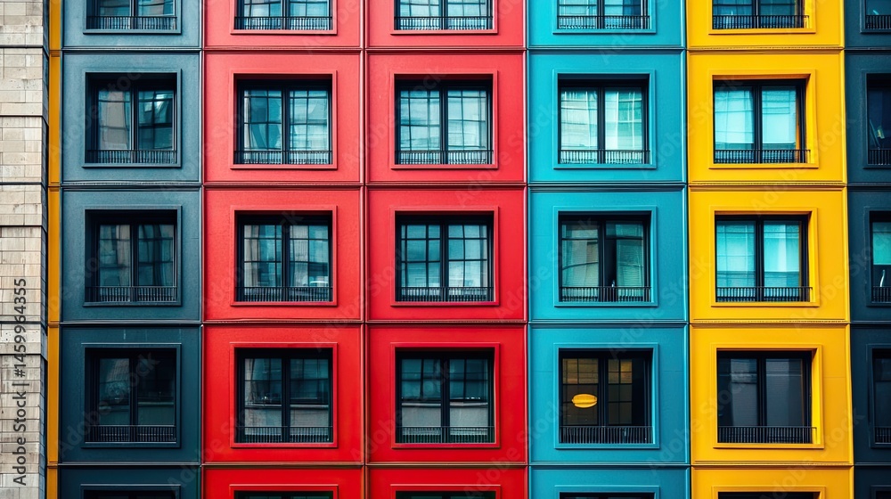 Obraz premium Vibrant multi-colored apartment building facade with repeating window patterns