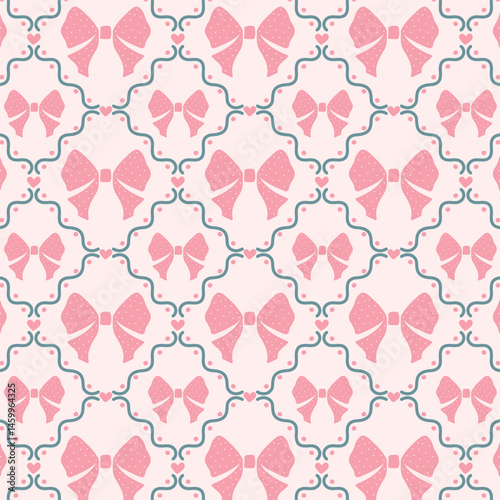 Flirty lattice, seamless pattern with bows and ribbons. Vintage design with bows for fabric, wallpaper, packaging, cover.