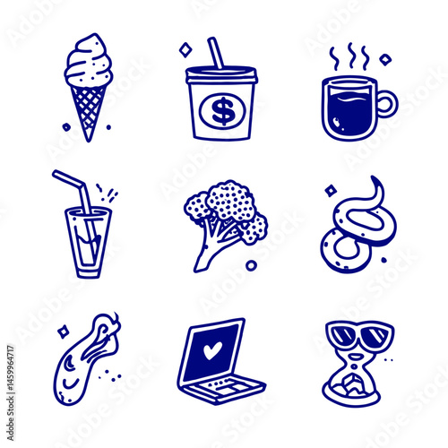 Assorted Icons: A delightful compilation of hand-drawn illustrations capturing the essence of daily life. These versatile icons are perfect for any creative project, infusing charm and usability.