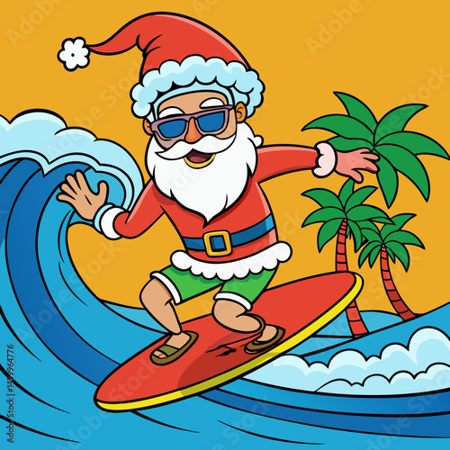 Santa Claus surfing tropical waves, bringing holiday cheer to a sunny beach scene.