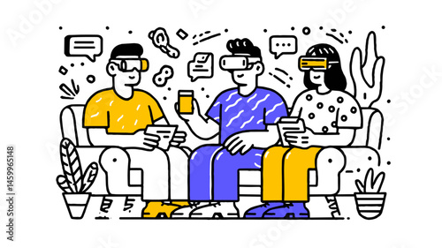 Immersed in the Virtual Realm: A lively illustration capturing three individuals, each absorbed in their own virtual reality experiences, exploring the boundless possibilities of digital interaction.