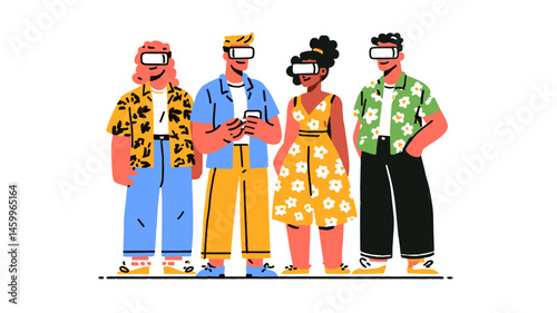 VR Enthusiasts Embrace Virtual World: A diverse group of individuals is immersed in the virtual realm, wearing VR headsets and exploring the interactive possibilities of the future.