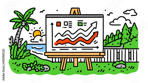 Growth Chart on Easel: Line art illustration of a growth chart displayed on an easel, situated in a serene coastal landscape. The scene juxtaposes business success with a tranquil environment.