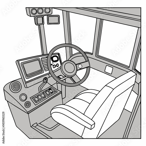 Cab of a combine harvester in section. Illustration of combine harvester interior with steering wheel and controls  