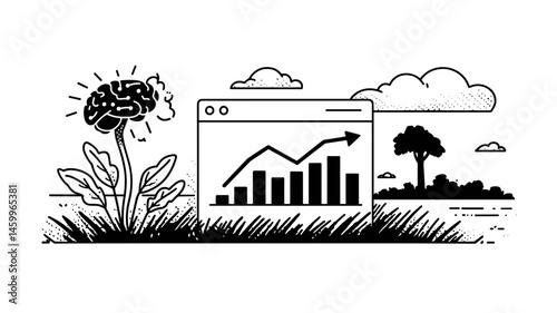 Brainy Growth and Digital Ascent: An illustration of a brain blossoming into a digital platform, symbolizing the fusion of intellect and progress, with an upward trending graph.
