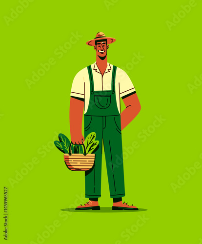 Smiling Farmer: A cheerful illustration of a farmer stands proudly against a verdant background, holding a basket overflowing with fresh produce.