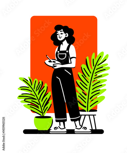 Creative Soul at Work: An artist immersed in her craft, surrounded by nature's touch, evokes inspiration, capturing creative process in vibrant detail.