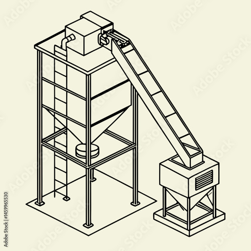 Automatic grain loader into bags. Industrial grain silo with conveyor system in minimalist style  