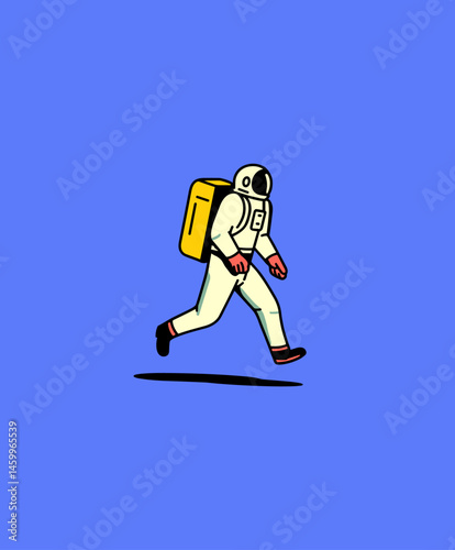 Astronaut Delivery: A whimsical illustration of an astronaut dashing across a vibrant blue backdrop with a delivery pack, embodying the spirit of swift service and cosmic efficiency.