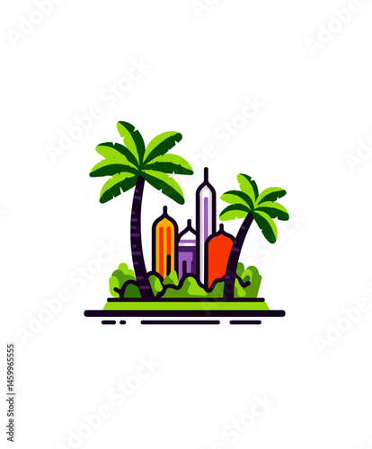 Tropical Paradise: A vibrant illustration captures the essence of a tropical oasis, featuring lush palm trees swaying gently in the warm breeze beside the stylized buildings with a flat.