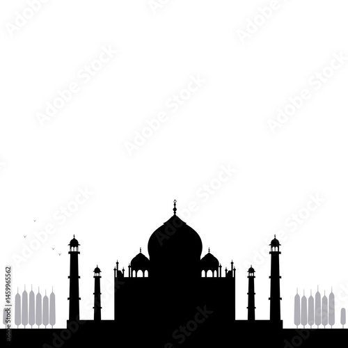Taj Mahal Silhouette: Capturing the timeless beauty and architectural magnificence of the Taj Mahal, a silhouette against a bright sky, evoking a sense of wonder and cultural richness.