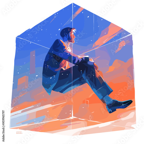 Reflection in a Glass Box: A contemplative figure sits enclosed within a transparent box, gazing at the world outside with a sense of introspective wonder.