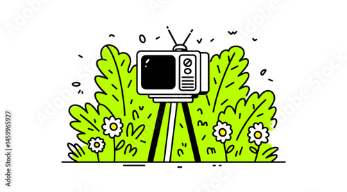 Retro TV Nature Scene: An old television set perched amidst lush greenery, in a whimsical scene combining vintage technology and the natural world, evoking a sense of nostalgia and outdoor viewing.