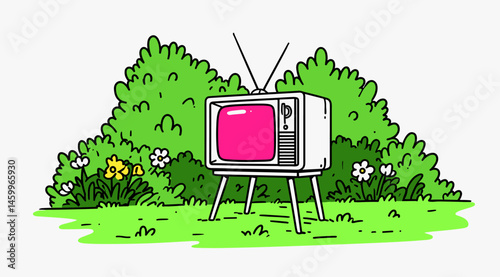 Nostalgic Television in Nature: A whimsical vintage television sits amidst lush greenery, broadcasting an idyllic scene and evoking a sense of a simpler time.