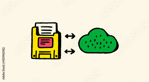 Data Transfer Illustration: Depicting seamless cloud data transfer, a yellow floppy disk icon interacts with a green cloud symbol, representing file and information exchanges. 