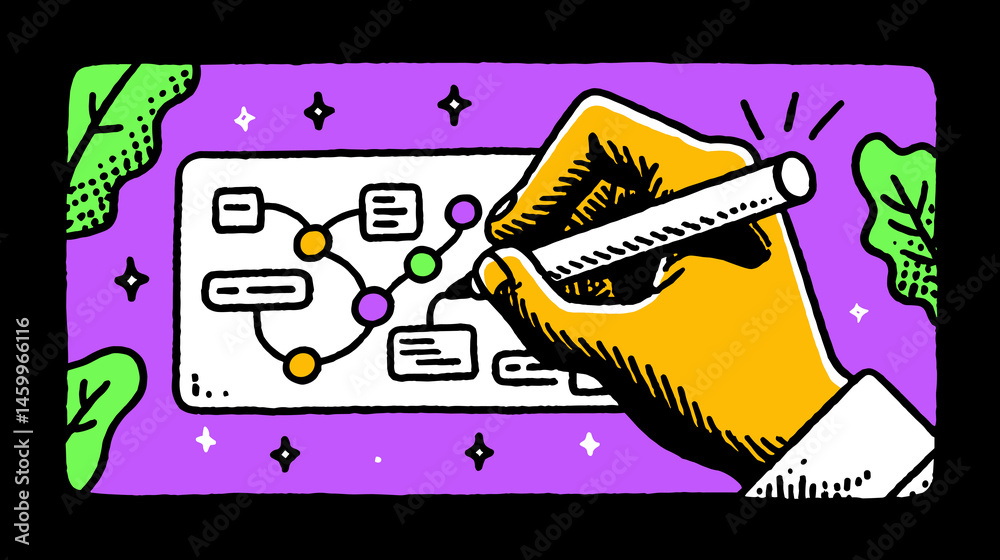 Fototapeta premium Conceptualizing Strategy: A hand sketches a strategic plan, with colorful illustrations and a modern visual narrative, ideal for business and marketing themes.