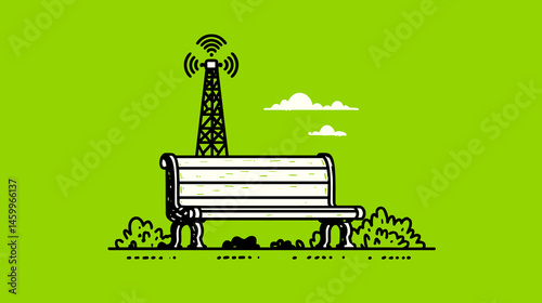 Park Bench and Communication Tower: A minimalist illustration of a park bench situated beneath a communication tower against a vibrant green background.