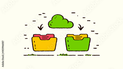 Cloud Data Sync: Illustrative rendering showing cloud data synchronization and data transferring processes, using graphic representation to create a visual.