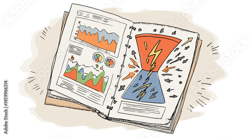 Business Strategy Sketchbook: A detailed hand-drawn illustration features an open sketchbook with business strategy visualizations, showcasing funnel diagrams, and graphs.