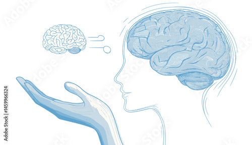 An illustration of a human head with knotted lines symbolizing intricate thoughts being unraveled by a hand, perfect for achieving mental clarity, focus, and stress relief through problem-solving and