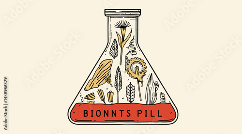 Bionnts Pill in Lab: A collection of diverse plants and floral elements are meticulously preserved within a scientific lab flask.