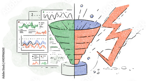 Sales Funnel: A detailed illustration that visually explains the complex process of sales, with graphical representations of data analysis. It showcases various stages of the sales journey.