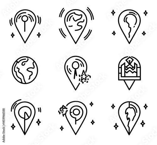 Location Pin Icons: A set of nine unique location pin icons, each with a different design and symbol, perfect for apps, websites, and branding.